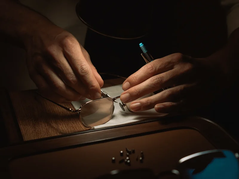 Banc de optician cu șurubelnițe fine și clește în timpul ajustării unei rame